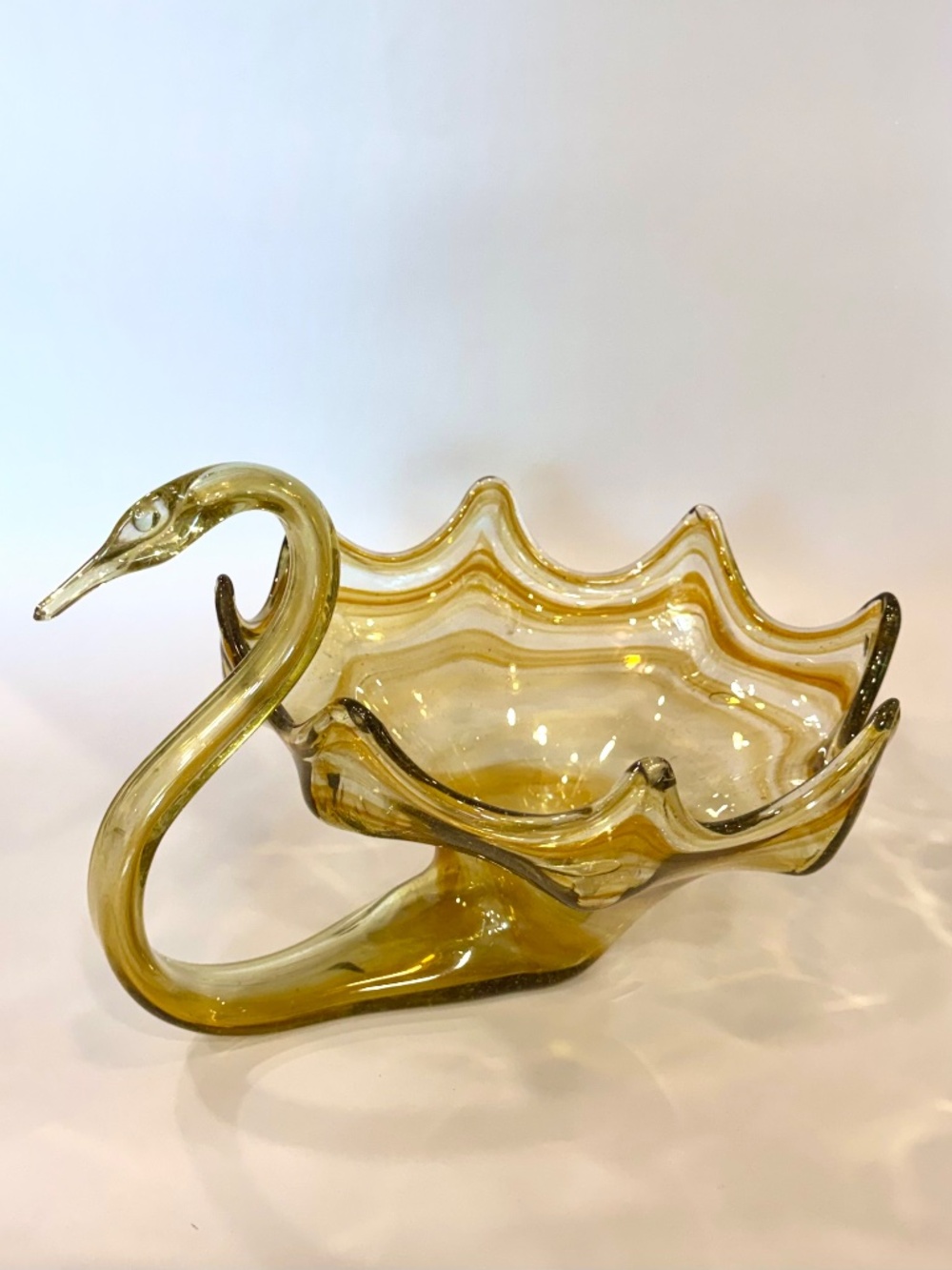 Vintage MCM 1960's Hand Blown Glass Swan by Sooner Glass Co, Amber Swirl.